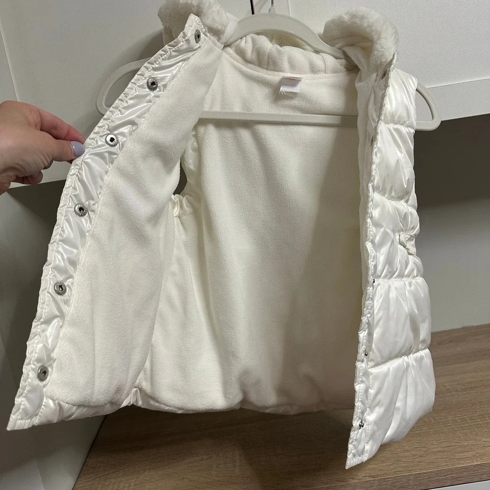 Gymboree Puffer Vest Girls 7-8 White Glossy Faux Fur‎ Hooded Sleeveless Jacket